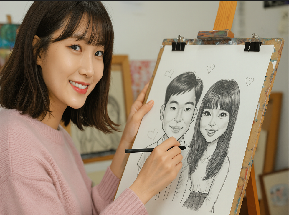 신산한 컷, 캐리커쳐